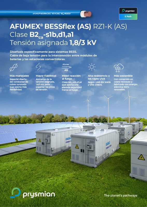 Prysmian lanza AFUMEX® BESSflex (AS): un nuevo cable de baja tensión pensado para sistemas de almacenamiento con baterías (BESS).