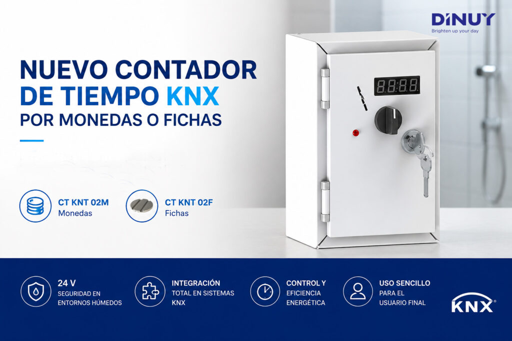 DINUY lanza contadores de tiempo KNX por monedas o fichas para servicios temporizados y seguros.